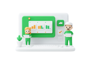 A digital illustration featuring two characters beside a tablet displaying colorful data charts, emphasizing analytics and teamwork. png