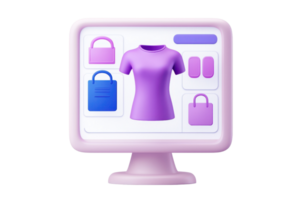 A computer monitor displaying an online shopping interface featuring clothing and accessories in vibrant colors. png