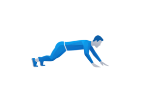 A blue figure performing a push-up exercise, showcasing strength and fitness in a dynamic posture. png