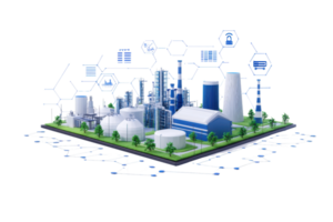 A digital representation of an industrial complex featuring various structures, including factories and towers, set on a lush green platform. png