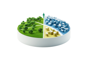 A circular model depicting a division of green landscapes, urban areas, and structures, symbolizing environmental balance and urban planning. png