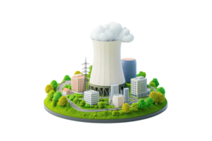 A miniature model of a nuclear power plant surrounded by buildings and greenery, featuring a cooling tower emitting clouds. png