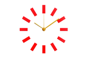 A vibrant clock features bold red markers and golden hands, indicating the time with a striking visual contrast. png