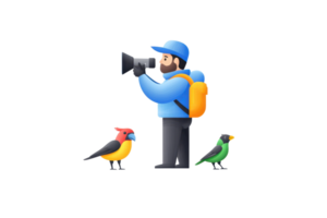 A photographer capturing images of birds with a camera, accompanied by two colorful birds beside him. png