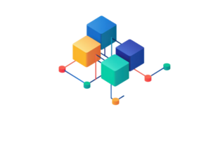 A vibrant arrangement of colorful 3D cubes interconnected by lines, showcasing a modern geometric design. png