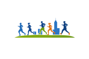 A dynamic illustration of runners in motion, showcasing various colors and styles, with a city skyline in the background. png
