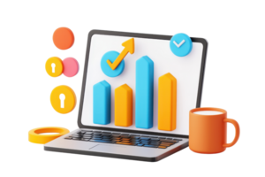 A laptop displaying colorful bar graphs and icons representing data analytics and progress. png