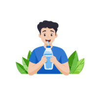 A person is drinking water from a bottle while smiling, surrounded by green leaves, showcasing hydration and well-being. png