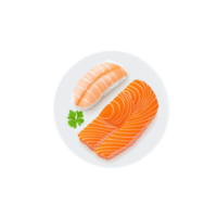 A plate of sushi featuring two types of salmon, one sliced and one in a roll, garnished with a sprig of cilantro. png