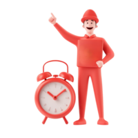 A cheerful figure in red clothing points while standing beside a classic alarm clock, emphasizing time management and punctuality. png