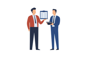 Two men engaging in a discussion, one holding a document and the other a tablet, symbolizing collaboration and business communication. png