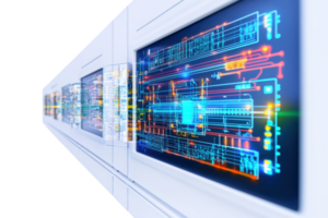 A futuristic display of interconnected screens showcasing vibrant digital circuit designs and data visualization. png