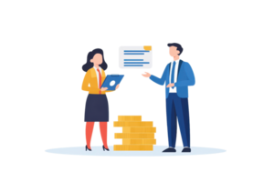 Two professionals discussing documents with stacks of files, one holding a tablet, while the other presents information. png