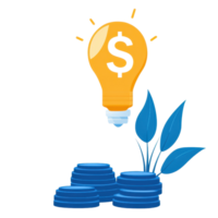 A light bulb with a dollar sign, symbolizing innovative ideas and financial growth, is positioned above a stack of coins and green leaves. png