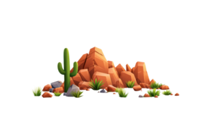 A vibrant desert scene featuring a cluster of rocky formations accompanied by a tall cactus and scattered greenery. png