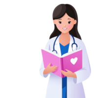 A cheerful female doctor holds an open book with a heart symbol, wearing a lab coat and stethoscope, symbolizing healthcare and compassion. png