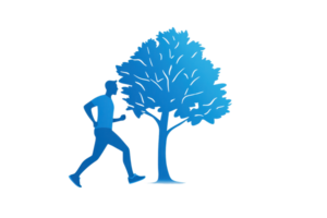 A blue silhouette of a runner beside a stylized blue tree, emphasizing movement and nature. png