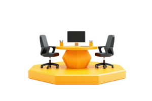A modern, hexagonal yellow desk with two black office chairs and a computer monitor, designed for collaborative work or meetings. png