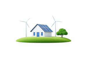 A modern house with solar panels surrounded by wind turbines and greenery, symbolizing renewable energy and sustainability. png
