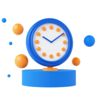 A colorful clock with a blue frame and orange dots, set on a pedestal, featuring a simple white face and blue hands. png