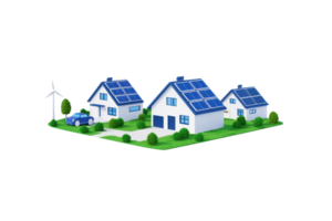 A collection of eco-friendly houses featuring solar panels and a wind turbine, emphasizing sustainable energy solutions. png