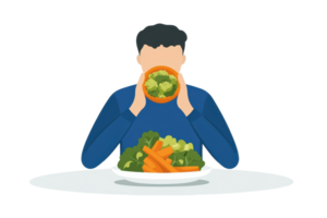 A person is holding a bowl of salad while sitting at a table with a plate of vegetables in front of them. png