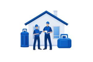 Two workers in blue uniforms converse in front of a house, surrounded by containers, emphasizing home service and maintenance. png