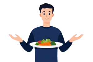A smiling man holds a plate of colorful vegetables, showcasing a healthy meal choice with enthusiasm. png