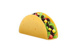 A colorful taco filled with various ingredients like lettuce, tomatoes, black beans, and cheese, showcasing a vibrant and appetizing look. png
