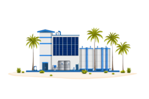 A modern industrial building featuring large windows, storage tanks, and palm trees, emphasizing a sleek architectural design. png
