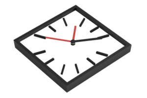 A sleek, modern square clock featuring black and red hands against a dark face. png