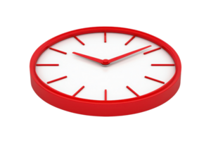 A vivid red clock with a white face and simple hour markers, showcasing bold, minimalist design elements. png