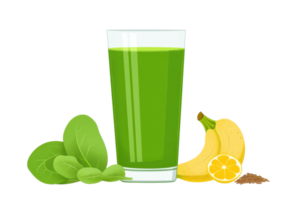 A tall glass filled with vibrant green smoothie, accompanied by fresh spinach leaves, a ripe banana, and a slice of lemon. png