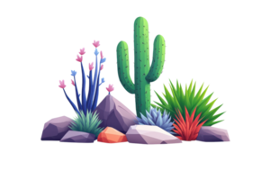 A vibrant arrangement of various cacti and succulents surrounded by colorful rocks and foliage. png