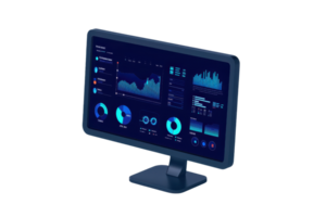 A modern monitor displaying data visualizations and analytics with vibrant blue graphics and charts. png