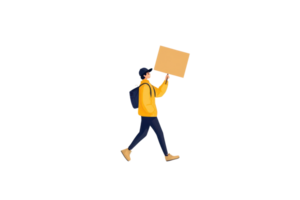 A person wearing a yellow jacket is walking while holding a blank sign, signifying activism or protest. png