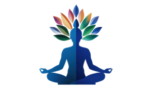 A meditative figure with a colorful leaf pattern emanating from the head, symbolizing harmony and spiritual growth. png