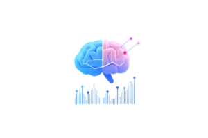 A stylized brain illustration with vibrant colors, featuring data points and graphs that symbolize intelligence and data processing. png