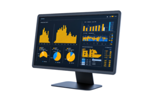 A monitor displaying colorful statistical graphs and charts, showcasing data visualization and analytics. png