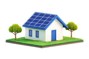A small, modern house with solar panels on the roof, surrounded by greenery and two trees. png