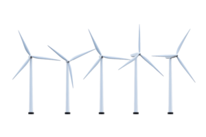 A row of wind turbines with sleek blades, designed for harnessing wind energy, showcasing their modern architecture and efficient technology. png