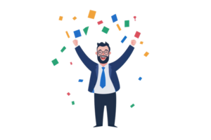 A joyful man in a suit celebrates with raised arms, surrounded by colorful confetti. png