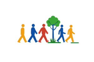 A group of stylized figures walking beside a green tree, showcasing diverse colors and a sense of movement. png
