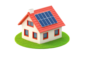 A charming house with solar panels on the roof, featuring a red tiled roof and colorful window frames. png