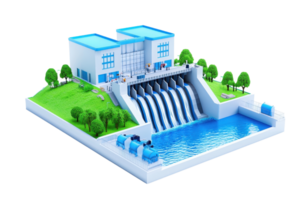 A modern hydroelectric power station model with cascading water flows, surrounded by greenery and featuring a blue-roofed building. png