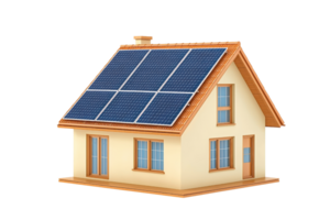 A house featuring solar panels on the roof, showcasing a modern design with multiple windows and a wooden finish. png