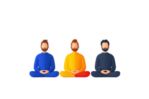 Three men in colorful outfits meditating in a seated pose with hands resting on their laps. png