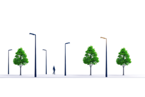 A row of stylized trees and street lamps, creating a serene urban landscape with a figure walking through the scene. png