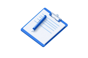 A blue clipboard with a pen resting on it, featuring lined paper for notes or lists. png