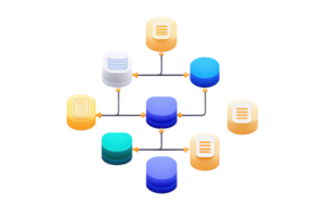 The image features a network of interconnected data storage icons, illustrating a complex data management system. png
